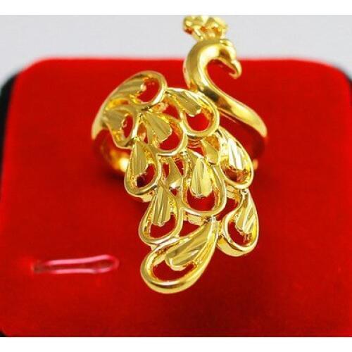 Luxury Peacock Bird Ring Women Yellow Gold Filled Statement Hollow Out Animal Ring Adjustable