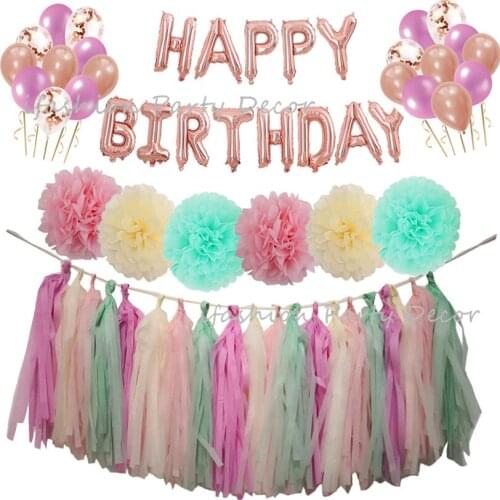 Happy Birthday Balloons Banner Rose Gold Confetti Balloons Tissue Paper Tassel Garland Pom Poms for Birthday Party Baby Shower