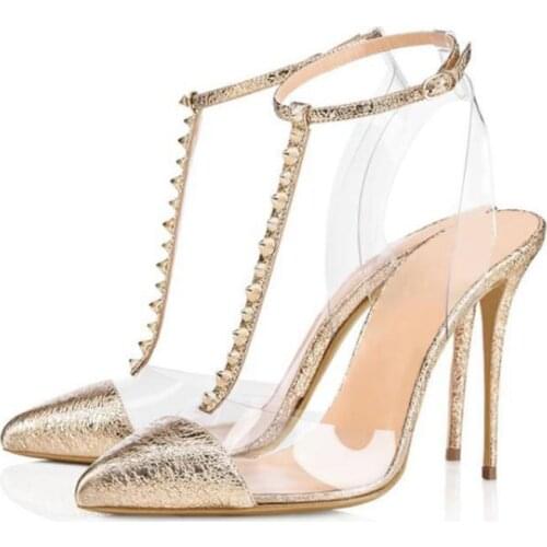 T-strap High Heels Sandals Women Fashion Pointed Toe Thin Heel Buckle Strap Single Shoes Transparent Pvc Lady Gold Dance Pumps