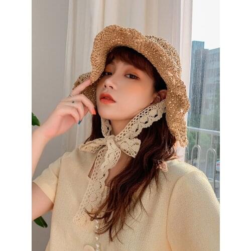 Lace strap straw hat bow wide grass female summer cap beach visor outdoor holiday beach sun protection hat Collapsible