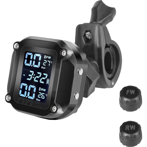 Motorcycle TPMS Tire Pressure Monitoring System Motor Tyre LCD Display Alarm System with USB Solar 2 External Sensors Charging