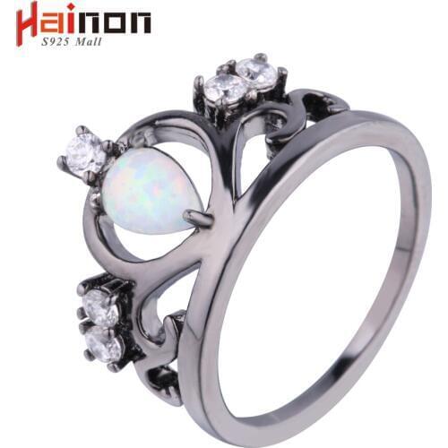 New Arrival Black Gun Plated Elegant Crown Shaped Fire Opal Ring With AAA Cubic Zircon Best Gift Wedding Ring White Opal