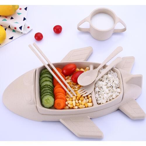 5pcs/set Baby Feeding Plate Children Plastic Tableware Airplane Tray Infant Removable Dishes Bamboo Fiber Toddler Training Bowls