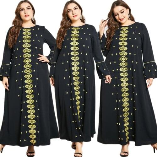 Vintage Ethnic Muslim Women Long Dress Plus Size Arab Abaya Kaftan Middle East Dubai O-neck Spring Autumn Long Sleeve Maxi Robe