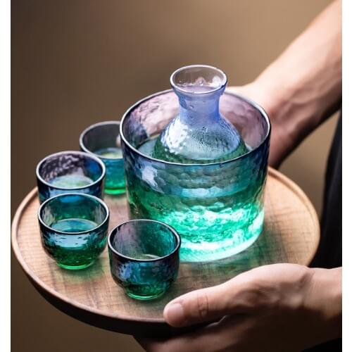 Japanese Sake Jug Set Peacock Blue Wine Glasses Crystal Sake Pot Cup Set Flagon Liquor Glass Dispenser Creative Wine Cup Gifts