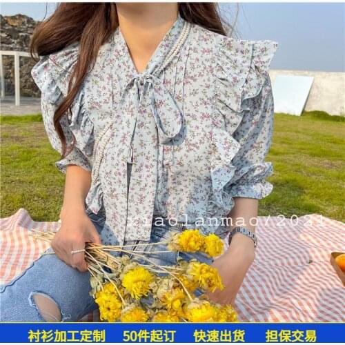 Lazy cat Little 1118 floral shirt 2021 new spring Korean chiffon shirt womens bow V-neck shirt