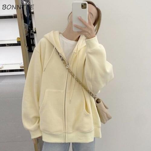 With Hat Hoodies Women Spring Harajuku Fashion Sweet Japanese Pockets Zip-up Simple Cute Tender Zipper Elegant Loose All-match