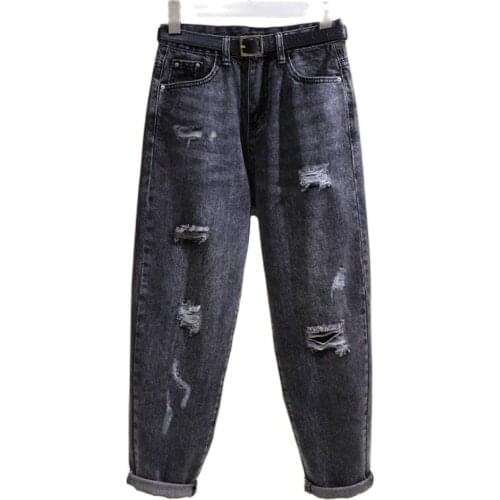 Women 2021Autumn New Ripped Jeans Female Port Style High Waist Thin Wide Leg Pants Korean Loose Harlan Daddy Nine Points Pant615