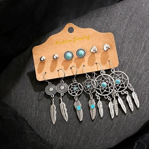 Womens Silver Color Dreamcatcher Earrings Set For Women Bohemian Vintage Jewelry 2020 Geometric Earrings