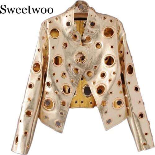 Gold Rivet Ring Womens PU Hollow Out Leather Street Trendsetters Autumn New Short Coat Female Jackets O Neck Long Sleeve Loose