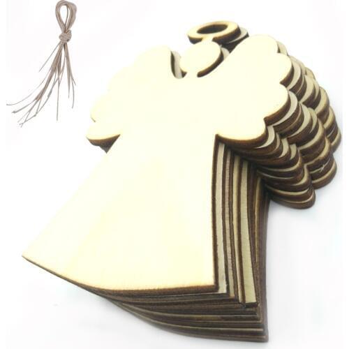 10pcs 85*59cm Blank Unfinished Wooden Angel Christmas Tree Tags with Strings 2.8" Wedding Decoration Party Craft Supplies