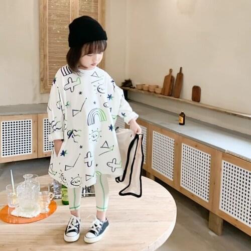 2021 New Baby Girls Long Sleeve Dress Kids Fashion Print Cotton Dress Cartoon Cute Loose Casual Regular Dress for Girl 2-8 Years