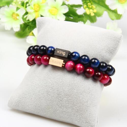 Ailatu Brand Stainless Steel Engrave Logo King and Queen Cube Bracelet 8mm Natural Blue Tiger Eye Stone Couple Jewelry