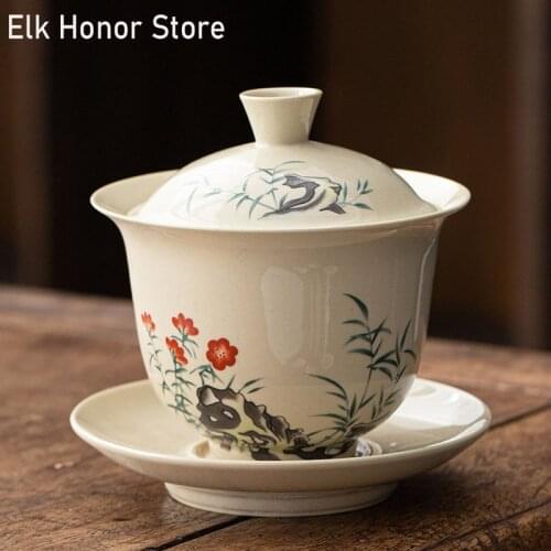 200ml Plant Ash Glaze Ceramic Gaiwan Personal Cup Hand Painted Flower Sancai Tureen Tieguanyin Teaware Accessories Drinkware
