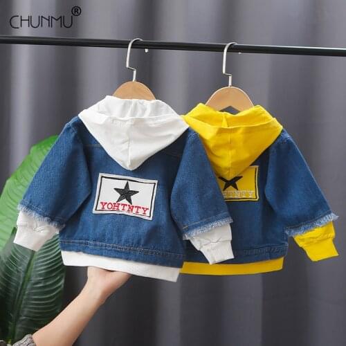 Baby Boys Denim Jacket Fashion Patchwork Long Sleeve Hooded Coats Spring Autumn Children Kids Outerwear