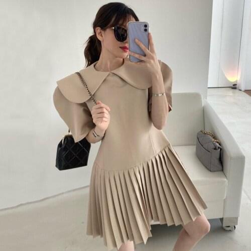 Elegant Mini Retro Dress Womens 2021 New Fashion Peter Pan Collar High Waist Casual Pleated Mini Dress