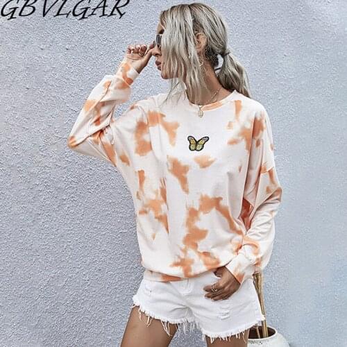 GBVLGAR Women Fashion Long Sleeve O Neck Tie Dye Butterfly Print Tshirts Ladies T Shirt Autumn Casual Female Tops High Street