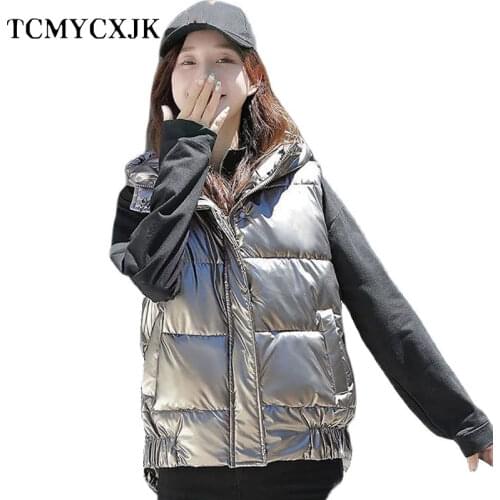 Glossy Down Cotton Vest Woman Parka Short Womens Jackets 2021 Winter Harajuku Split Hem Loose Vest Hooded Waistcoat Outer Wear