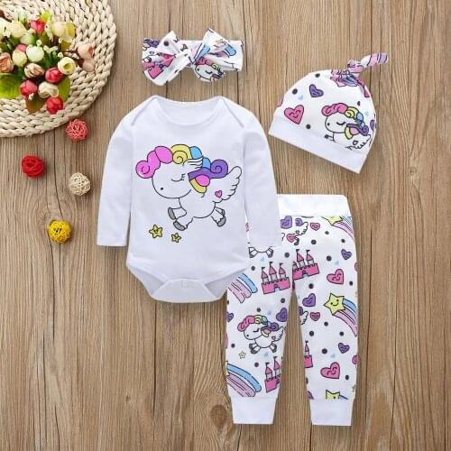 TELOTUNY 4pcs Baby Girls Boys Clothes Set Long Sleeve Rainbow horse Cartoon Romper Bodysuit+Pants+Hat+Headband Outfits 4PCS