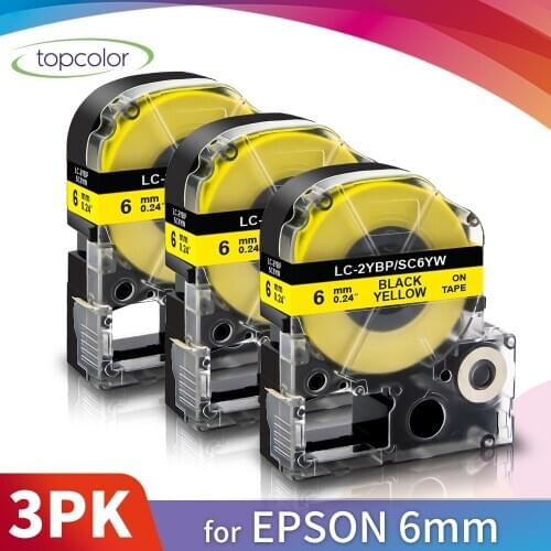 Topcolor 3PK 6mm*8m Labeling Tape Compatible Epson Lebller Black on Yellow SC6YW for KingJim Epson Label Printer LW 400 300 600P