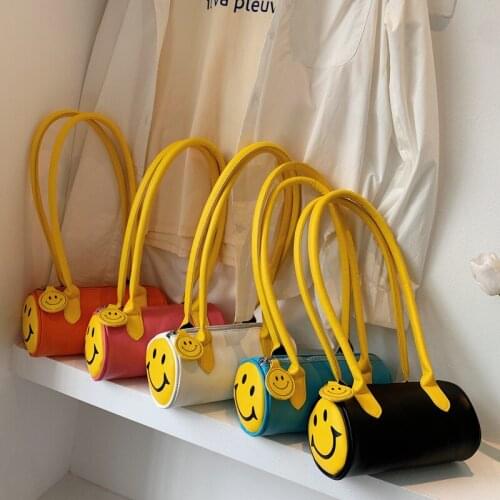 2021 Korean Ins Cute Smiley Face Bag Female Bag Shoulder Underarm Bag Retro Small Round Bag Cartoon Baguette Bag