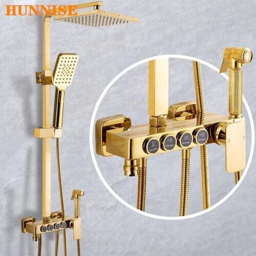 Gold Thermostatic Shower Set Solid Brass Bathroom Shower Mixer Set Luxury Golden Digital Shower System Function Bath Shower Set