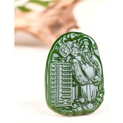 Natural Green Jade God of Wealth Pendant Necklace Chinese Hand-Carved Charm Jadeite Jewelry Fashion Amulet for Men Women Gifts