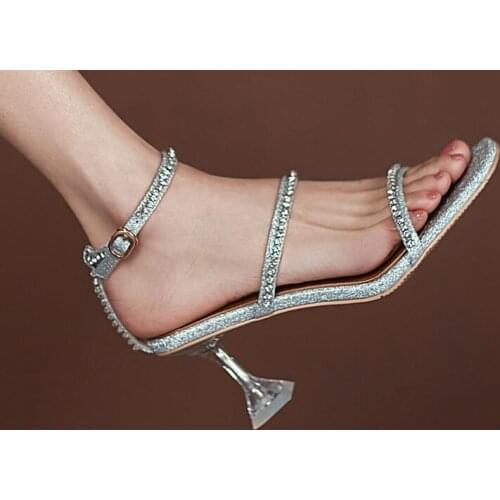 Newest Summer Ladies White Sliver Bling Bling Diamond 8 CM Stiletto Heels Sandals Woman Transparent Crystal Buckle Wedding Shoes