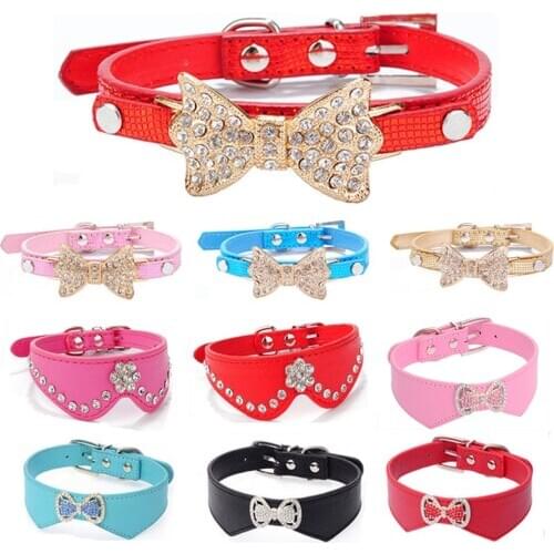 Rhinestone Bowknot Puppy Dog Collars for Small Dogs PU Leather Adjustable Necklace Collars XS-S Size Dog Collar Pet Accessories