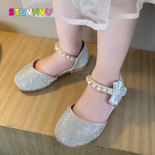 Rhinestone Princess Girls Shoes Leather Summer Pearl Bow Children Sandals Soft Sole Slip Kids Casual Shoes Flats Silver Pink