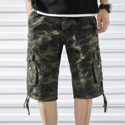 Casual Men Shorts Summer Straight Wide Leg Camouflage Print Shorts Knee Length Multi Pockets High Waist Cargo Shorts Streetwear