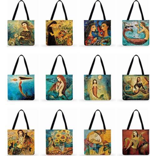 Foldable Shopping Bag Ocean Fairy Tale Mermaid Print tote Bag Ladies Shoulder Bag Women Casual Tote Fashion Bag Beach Tote Bag