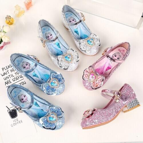 Disney girls princess shoes spring new childrens high heels elsa princess shoes soft sole leather shoes crystal single shoes