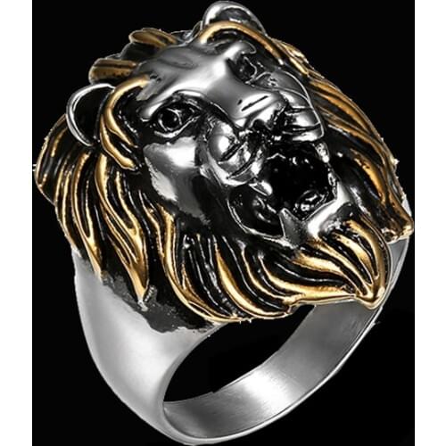 Hip Hop Rock Gold Color Stainless Steel Lion Rings Big Wide Men Finger Ring Male Jewelry