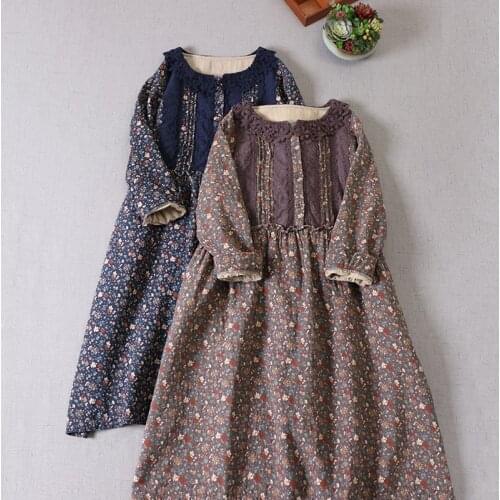 Japanese Mori Girl Printing Dyeing Floral Dress Loose Embroidered Lace Collar Fungus Waist Pullover Dress Female