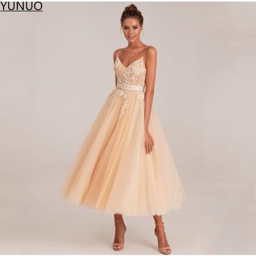 YUNUO Tulle A Line Nude Prom Dresses with Lace Applique Spaghetti Straps Midi Length Homecoming Party Gowns robes de cocktail