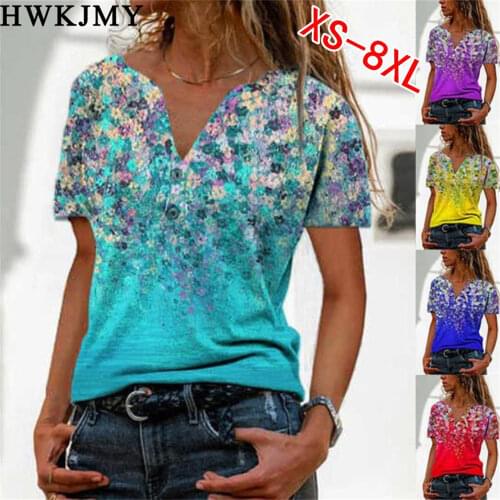 Summer Women Fashion Casual V-neck Short Sleeved T-shirts Floral Printed Tee Ladies Button Down Shirts Plus Size Loose Tops