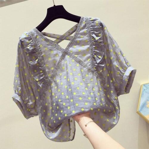 Polka Dot Chiffon Women Blouse Summer New 2021 V-Neck Loose Elegant Female Pulls Tops