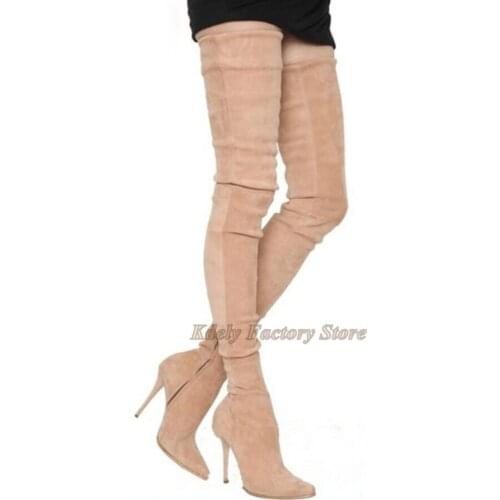Suede Leather Over The Knee Long Boots Women Thin heeled Pointed Toe Thigh High Gladiator Fashion Sock Boot Plus Size 45