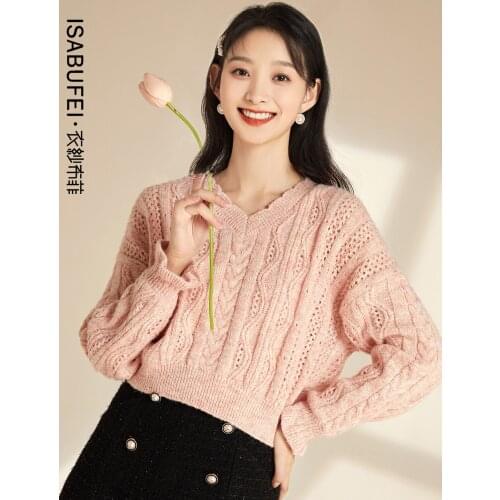 2021 autumn new lazy v-neck sweater women waist striped hollow slim short knit sweater