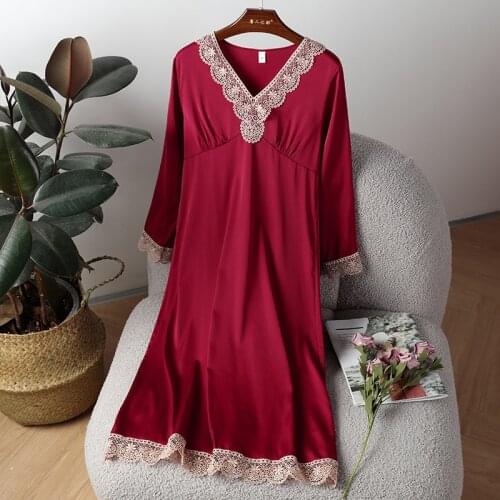Womens Nightwear Sexy Long Sleeve Loose V-Neck Satin Lace Sleepdress Casual Loose Homewear Summer Thin Home Dressing Gown 2021