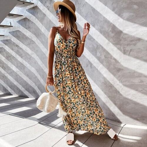 Floral Suspender Dress Ladies Sexy Slim Maxi Dress Bohemian Halter High Waist Beach Casual Dress Sundress Dresses For Women 2021