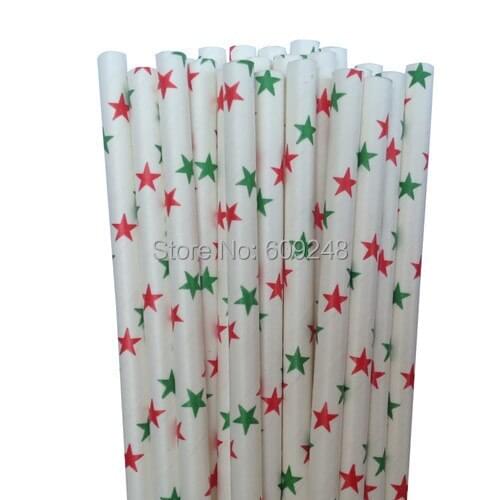 100pcs Mixed Colors Christmas Paper Straws with Green Red Star,Decorative Mason Jar Paper Drinking Straws Cake Pops Sticks Bulk