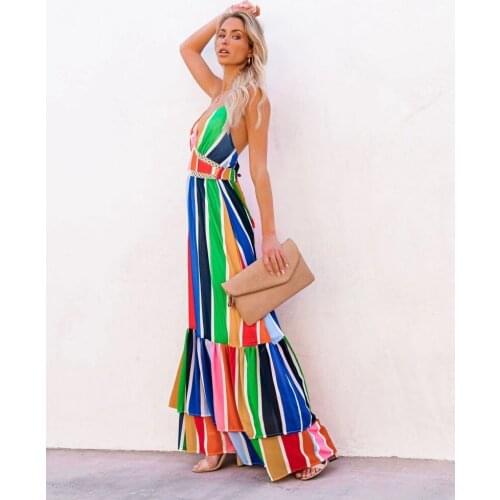 2021 Summer New Sexy Halter Dress Ladies Deep V High Waist Halter Dress Fashion New Rainbow Stripe Slim Party Dress Vestidos