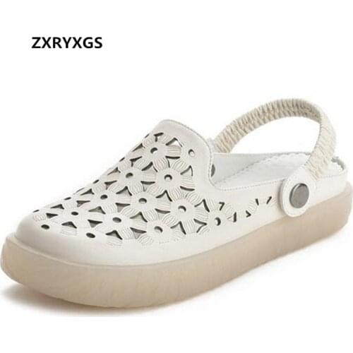 2021 High Quality Soft Genuine Leather Hollow Hole Hole Shoes Woman Casual Sandals Slippers Soft Sole Flat Sandals Trendy Shoes