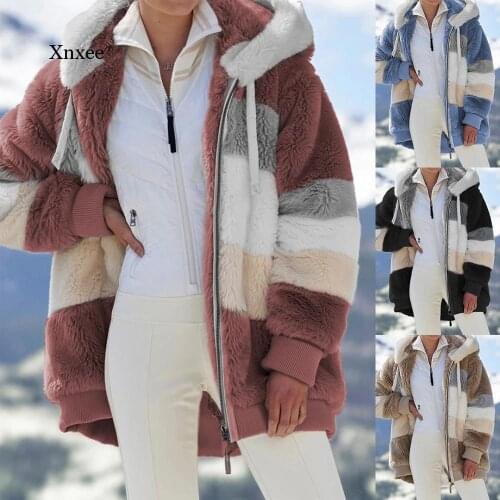 2021 Patchwork Zipper Womens Coat Oversized Winter Women Jacket Fashion Plush Pocket Hooded Retro Loose Long Sleeve Jacket