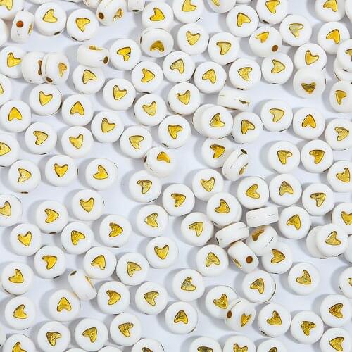 4x7mm Golden Heart Acrylic Round Beads White Letter Spacer Beads for Jewelry Making DIY Cute Necklace Bracelet Accessories M4