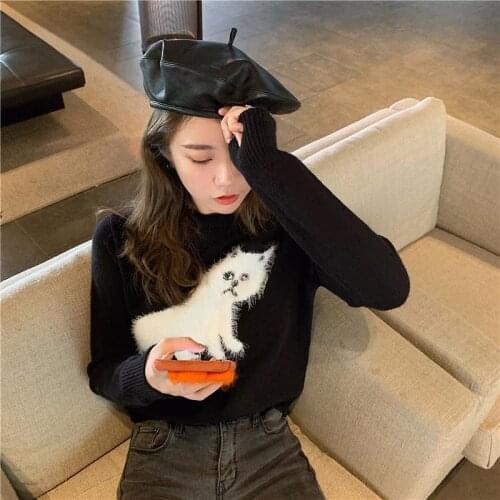 Cat Pattern Black Knitted Sweater Round Collar Long Sleeve Fashionable Autumn Womens Clothing Soft Pullover Women Thin Sweaters