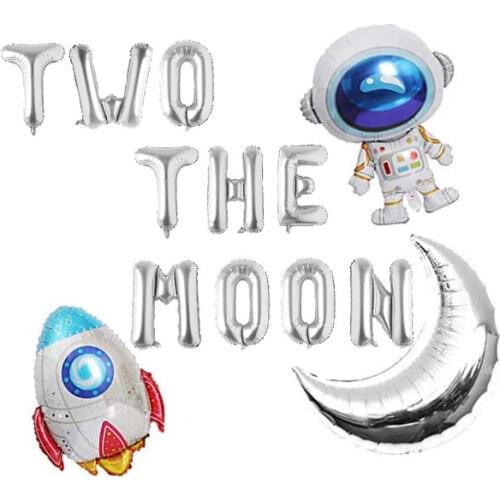 Two The Moon Balloons, 16 inch Silver Letter foil Balloons Large Moon Man Robot UFO Theme for 2nd Years Old Birthday Party