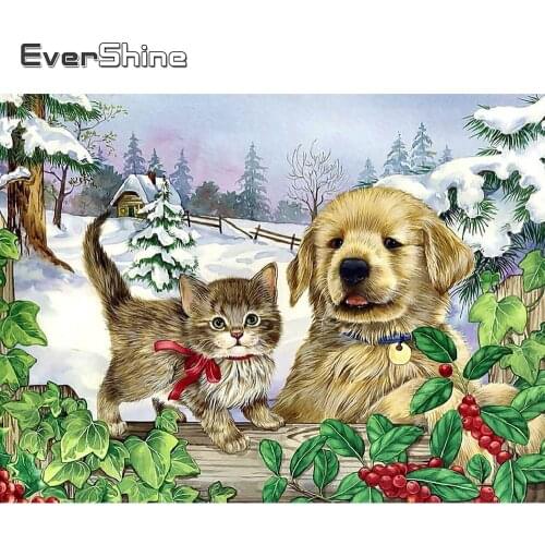 Evershine 5D DIY Diamond Painting Dog Animals Diamond Embroidery Winter Picture Of Rhinestones Cat Needlework Decor For Home